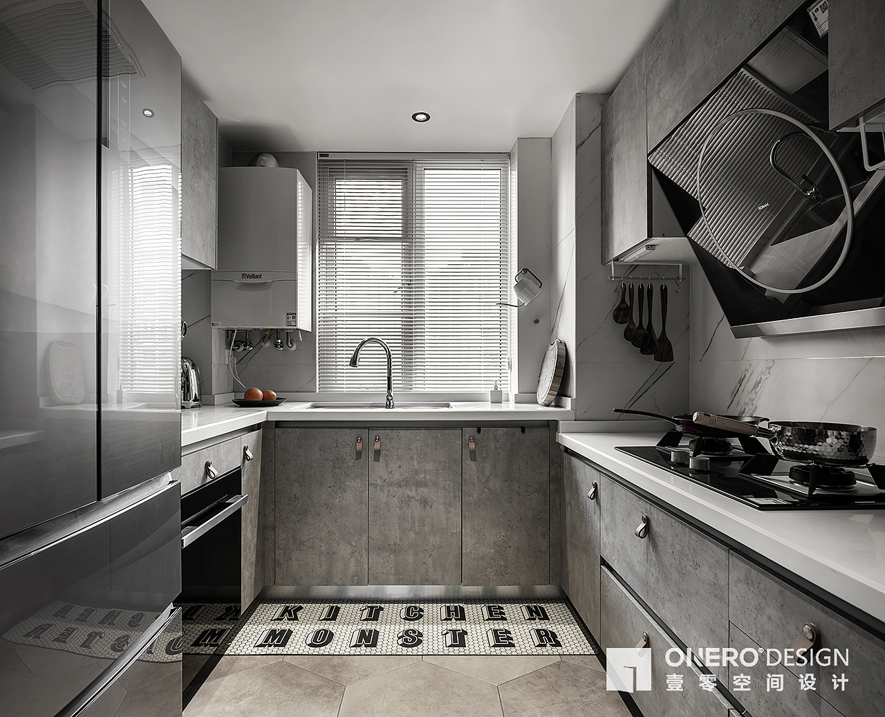 ▲餐厅分担了收纳和西厨功能后,原本狭窄的厨房变得宽敞起来。岩板橱柜和其他空间质感对应,铝百叶帘防水、实用且不易变形。