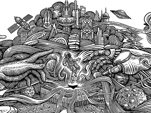 手绘版画风格作品《腾飞》