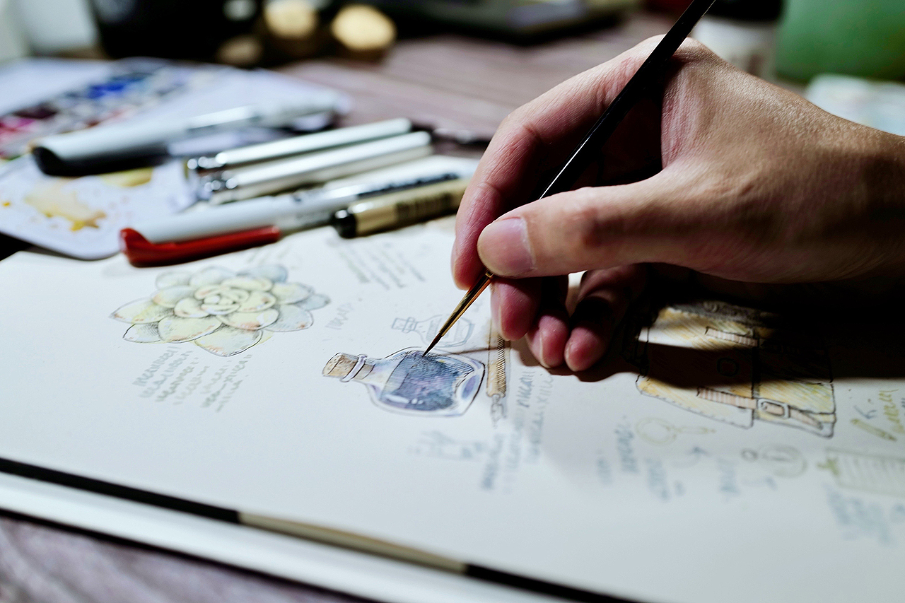 钢笔淡彩班课堂示范