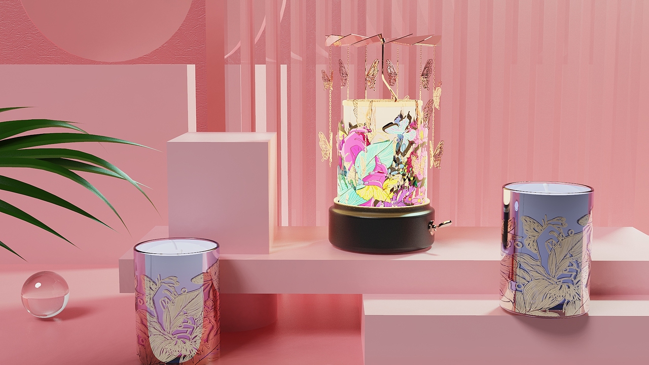 同时在香薰使用的过程中我们还加入了一个八音盒底座,增加交互感。可将香薰放置在底座上之后点燃,放置上金属挂件,打开八音盒开关,就可以使与底座相连的纸雕画面伴随梁祝音乐旋转,同时蝴蝶挂件因为蜡烛燃烧上升气流也可以旋转,形成一个别致小景观。