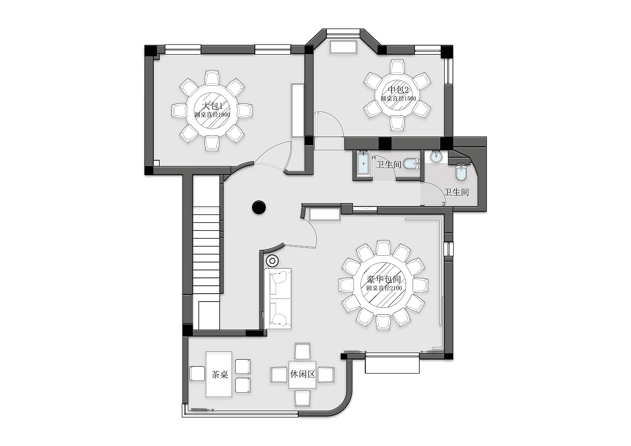 收藏 二层平面图 二楼通过楼梯与过道链接三个包间,其中南侧阳台扩建