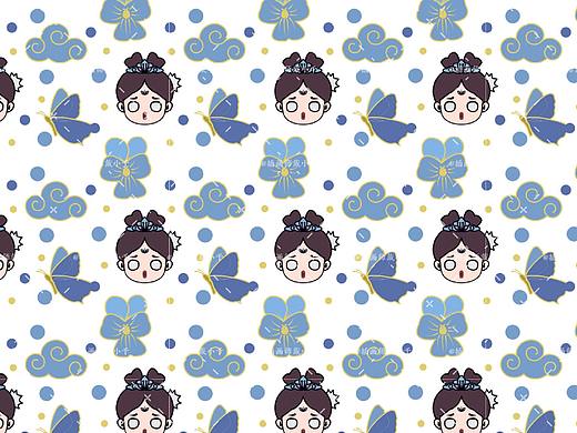 古风IP辅助图形 平铺 蝴蝶花 汉服少女 祥云