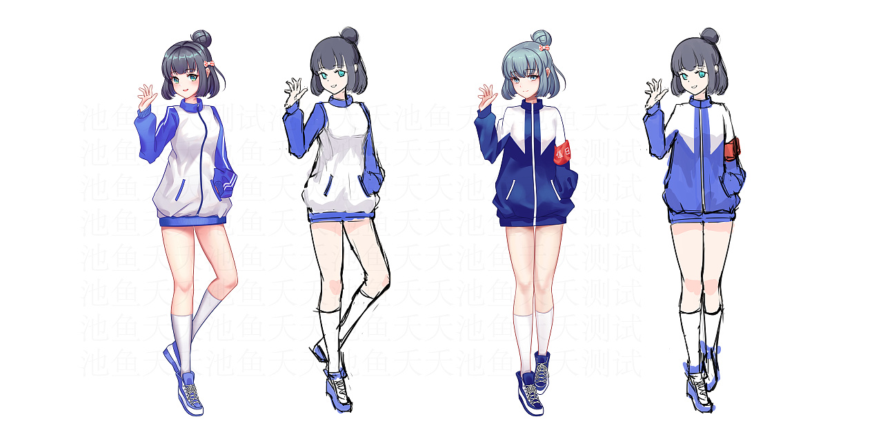 不同上色风格的校服作品