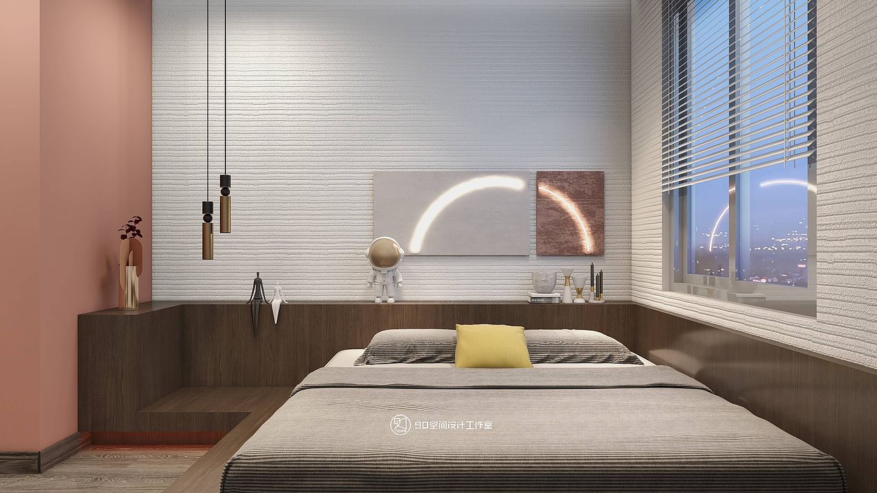 儿童房，房间加入了粉色元素 
搭配趣味装饰画以及原木榻榻米<br>让空间的整体感觉变得更为精致活泼<br>一体化的嵌入式衣柜与书桌组合<br>打造出的宽松环境，既满足充足的收纳<br>也令人感觉更为轻松而舒适