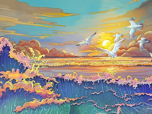 夕阳照海