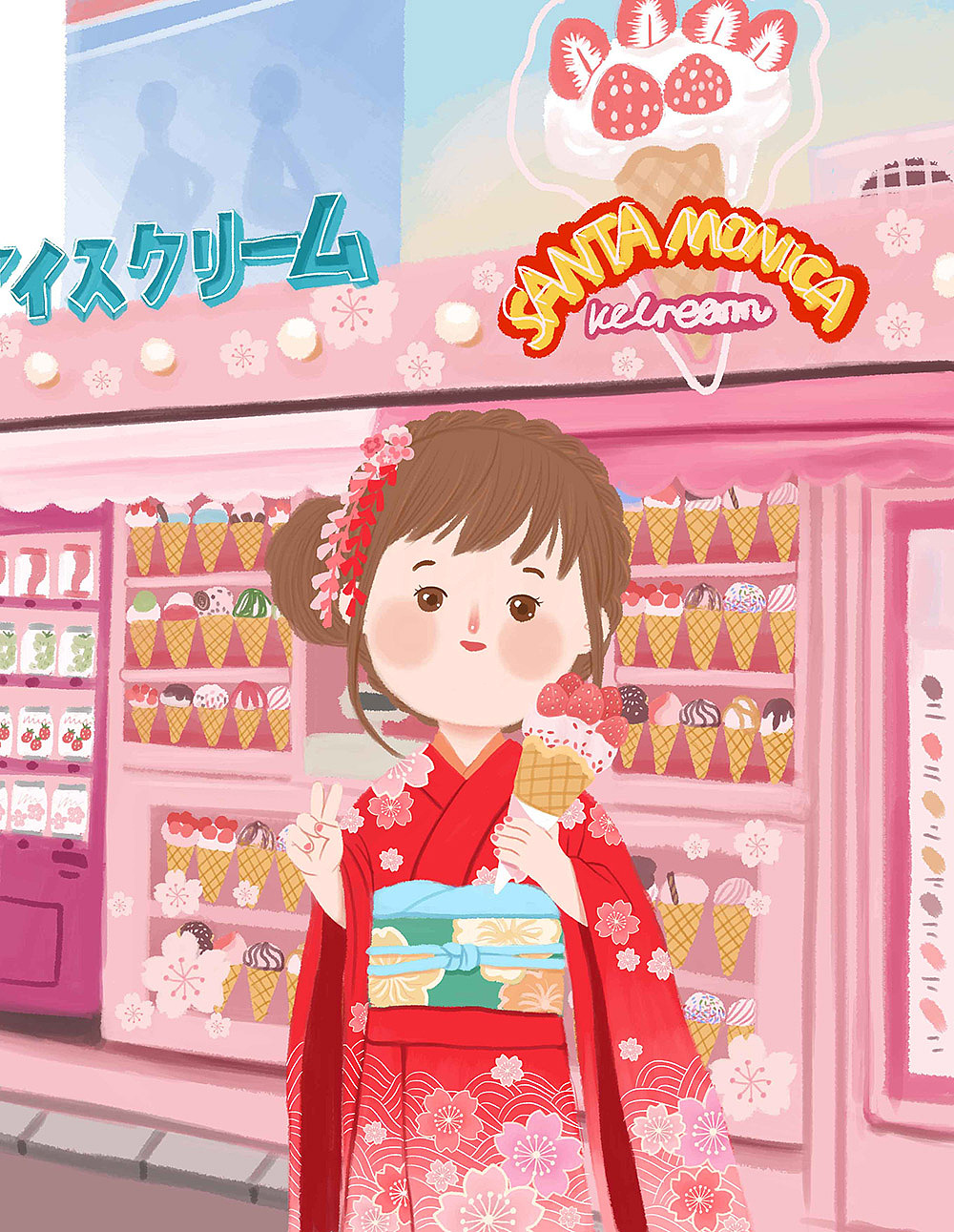 买雪糕的和服少女
我比较喜欢画一些东西的时候画带有生活气息的背景，抛开日本传统的建筑和风景，回归生活