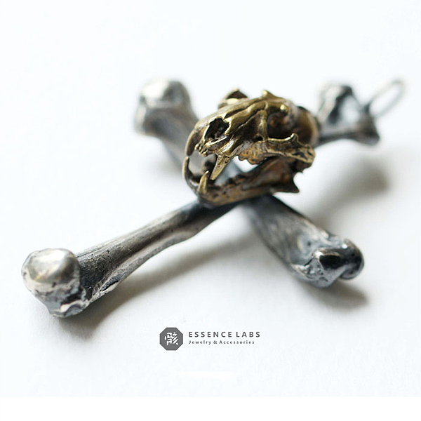 骸首饰原创大号云豹头骨十字架手工925纯银朋克男动物骷髅吊坠