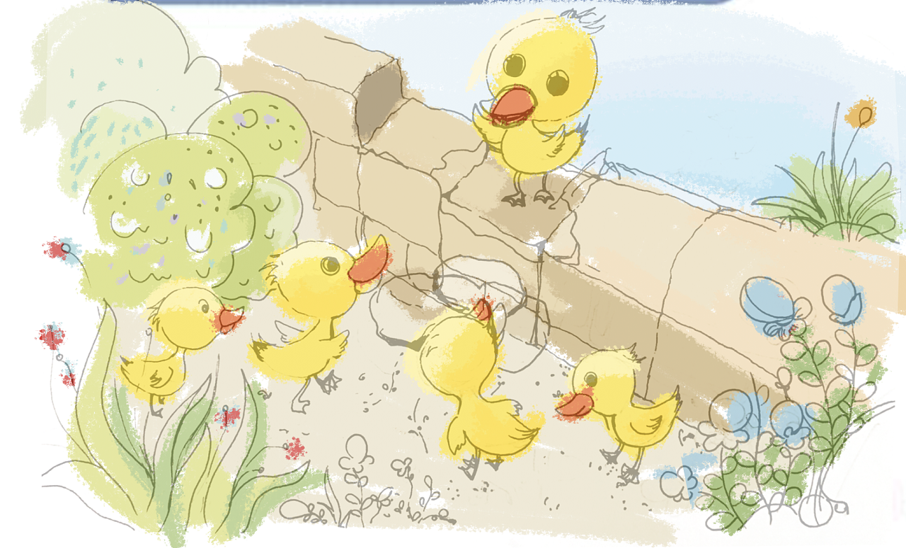 可爱清新插画少儿杂志小鸭子爬墙过河