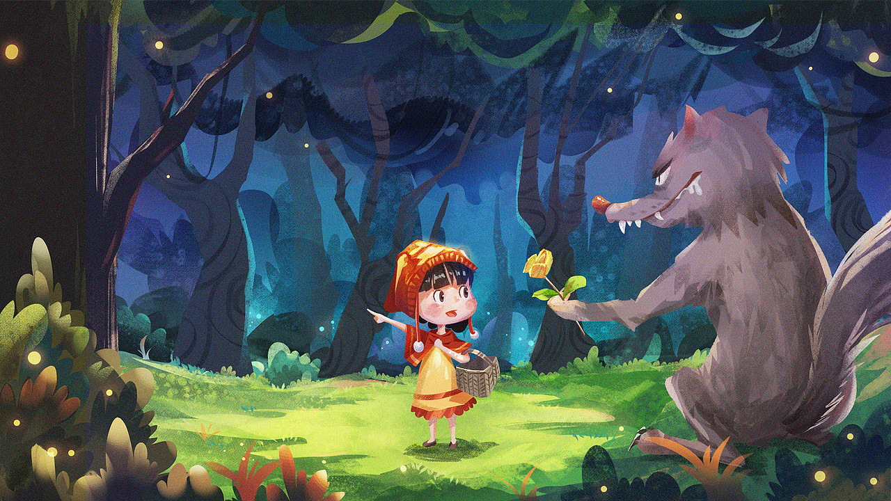 步骤图看p2故事情景:小红帽在森林中遇见了狼,告诉了狼她要去森林里