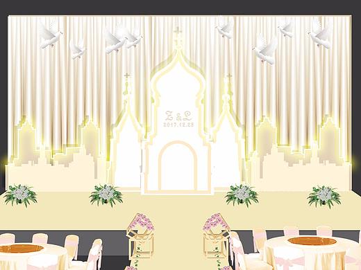索菲亚教堂剪影香槟色主题婚礼设计效果图