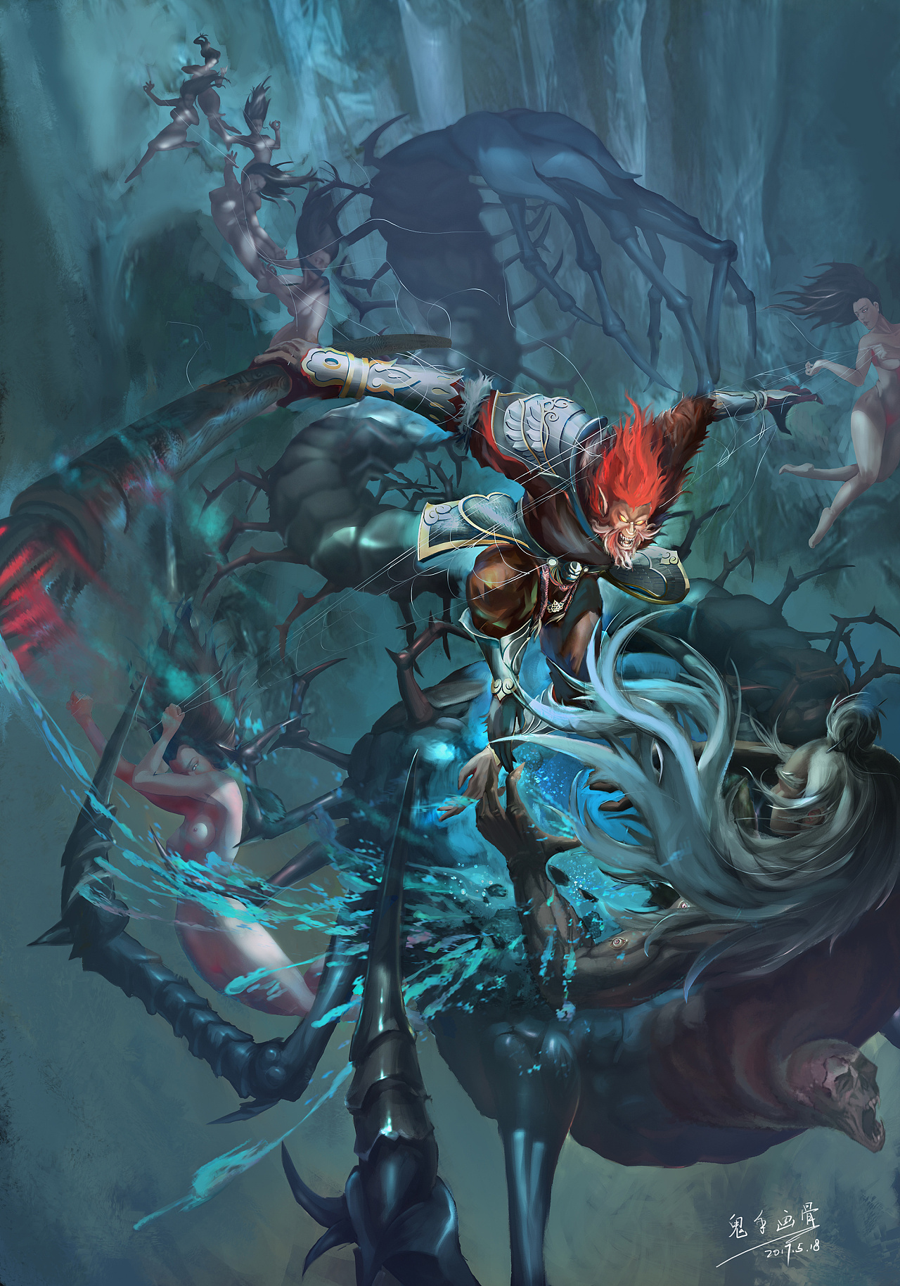 西游记—悟空战百眼魔君与蜘蛛精|插画|商业插画|画画的黑羊羊 - 原创