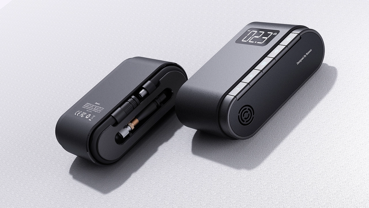 外观风格简约，秉承着功能与形式有机结合的设计理念，在外观与功能之间做到了二者的平衡灵眸充气泵的功能区经过了重新的整合与设计，将功能区分为数显区与操作区两大区域，用户可以更好更清晰的使用，并且它也更加容易上手，灵眸充气泵侧面的收纳管道可以收纳更多功能的管材，使得用户有了更多的选择。