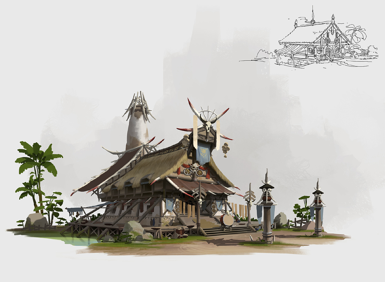游戏原画场景设计 部落建筑详细过程图