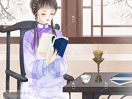 古装少女插画看书的女孩