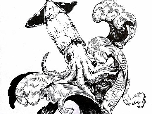 【黑白插画练习】鱿鱼