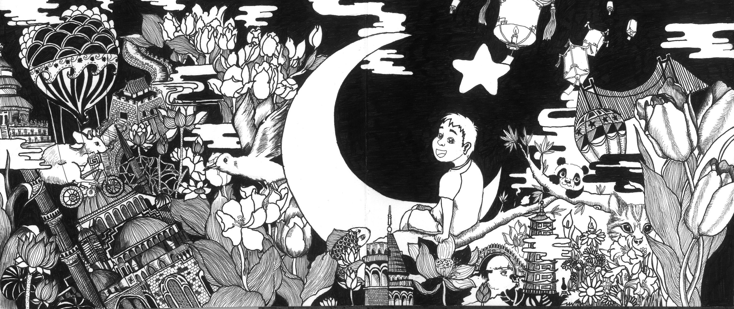 月下——手绘 黑白 创意 中西 土耳其 少年