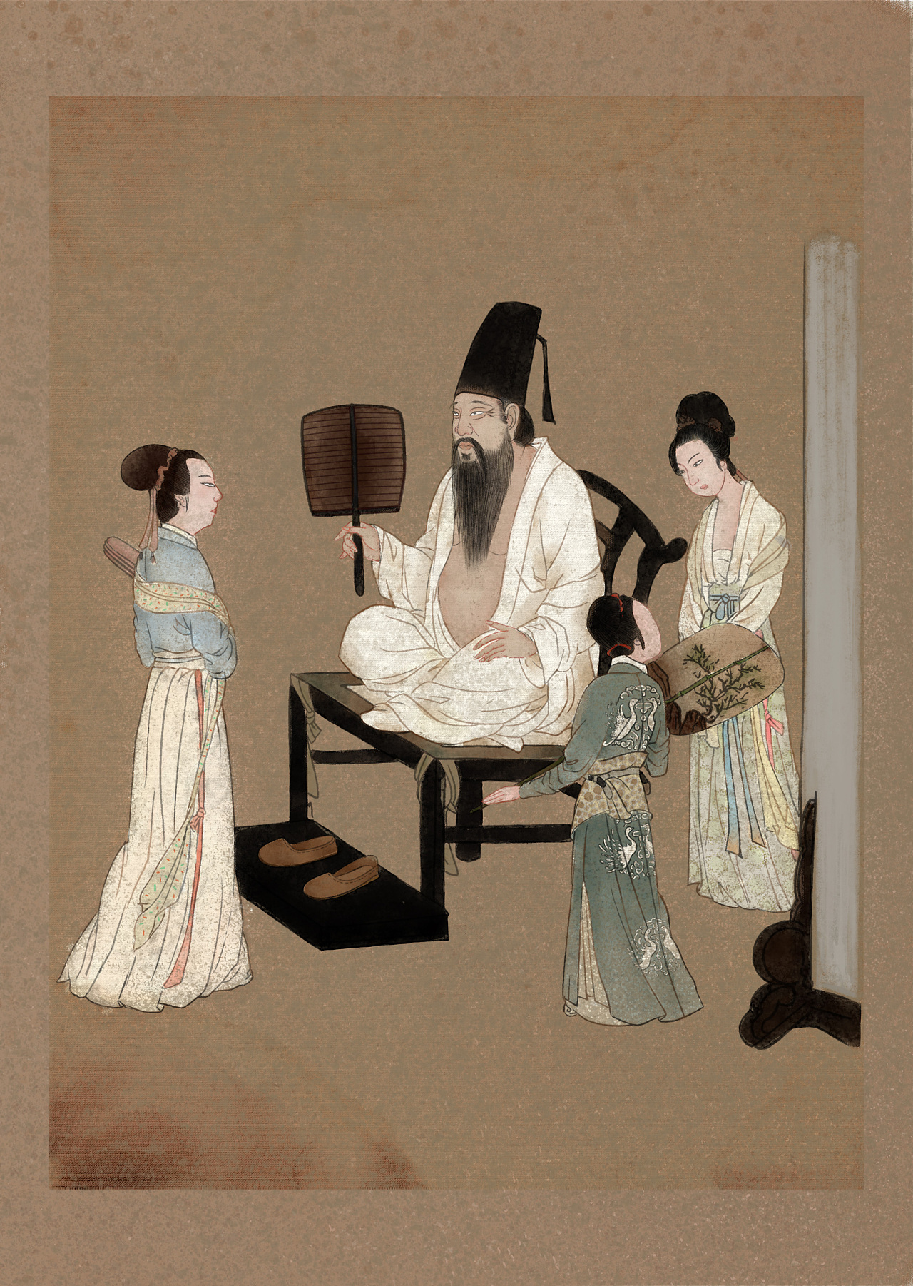 数码绘工笔人物韩熙载手拿扇子