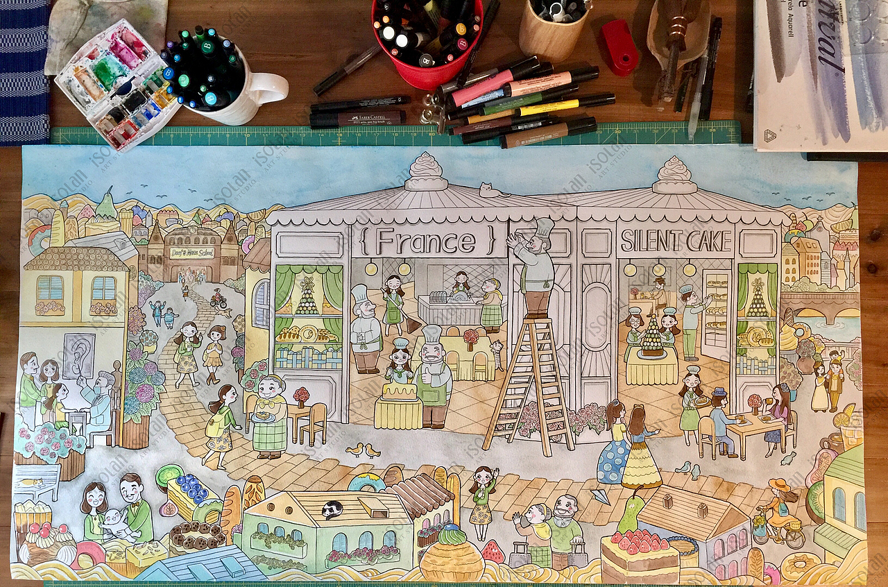 商业插画 无声的cake IP设定及故事墙画创作