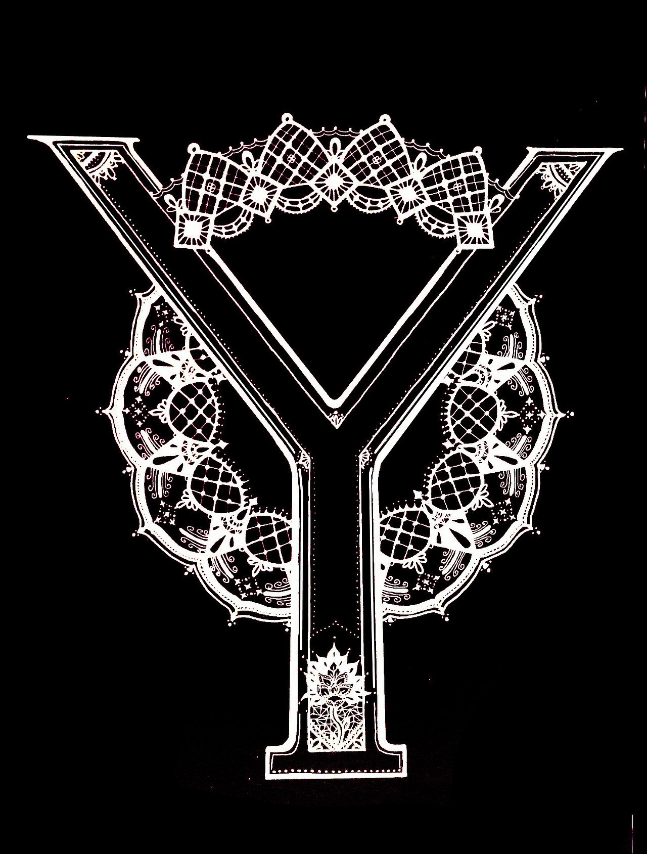 黑白蕾丝风格图案字母y设计水笔手绘涂鸦zxb