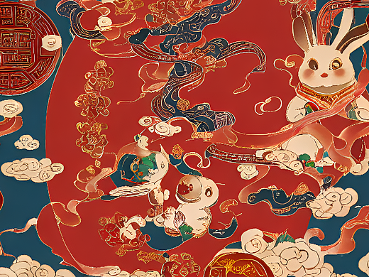 #站酷梦笔#兔年贺喜、卡通可爱兔子、喜庆背景、国潮画
