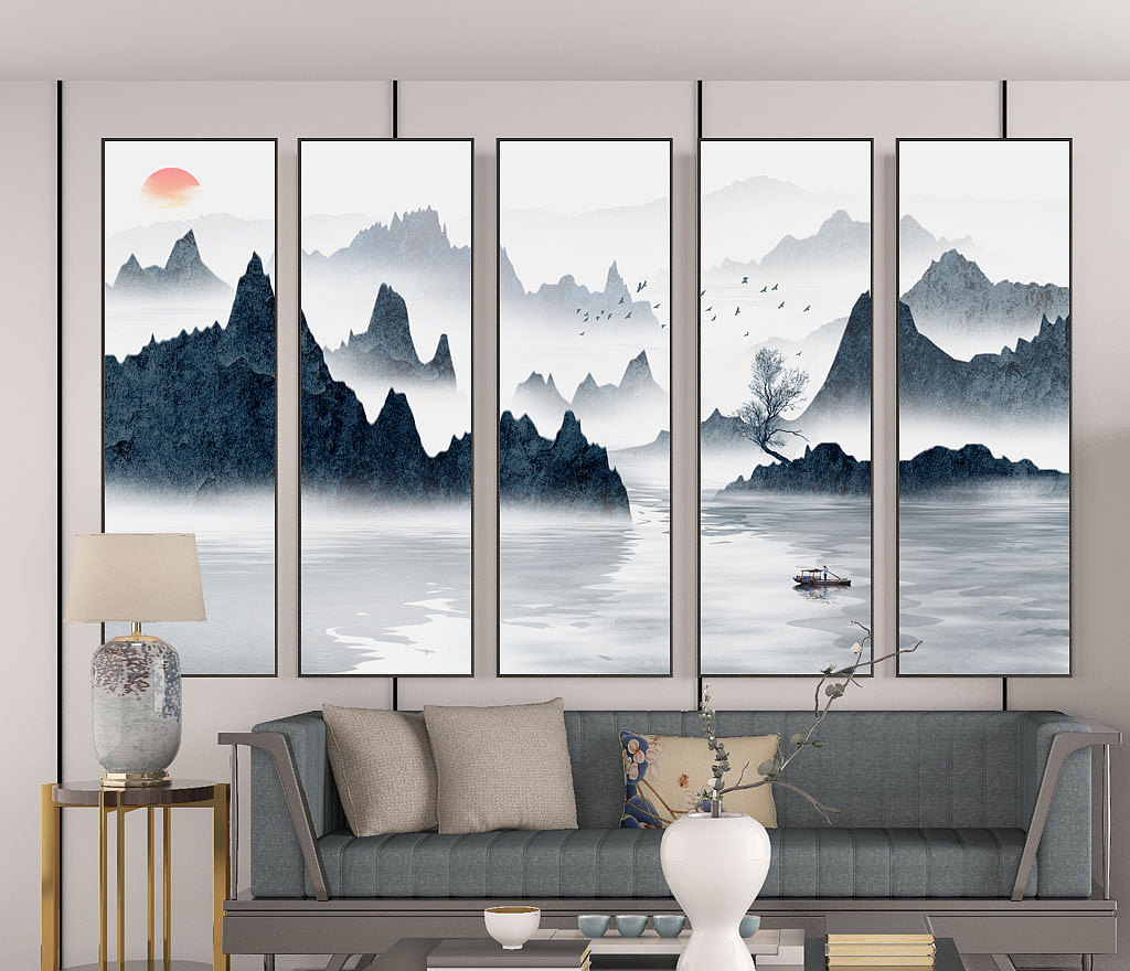 新中式山水背景墙客厅电视墙水墨山水画|纯艺术|装置|勤汇 - 原创作品 - 站酷 (ZCOOL)