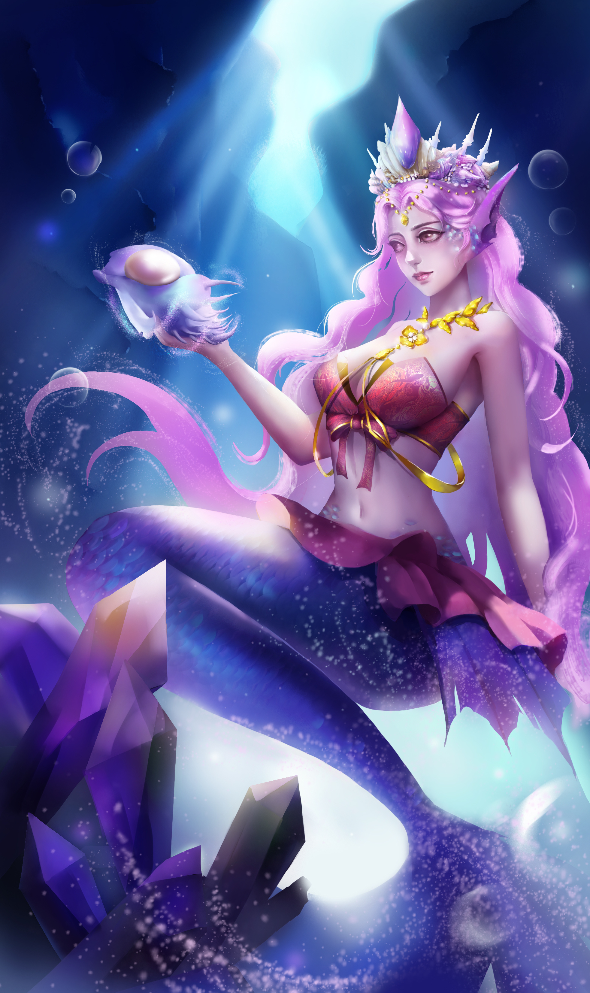 海底的人鱼女王,手里的海螺是她拯救水族的唯一希望|插画|游戏原画