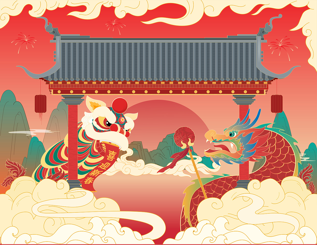 迎春新年国风插画