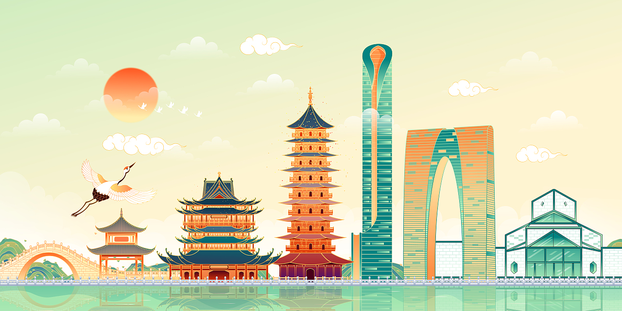 国潮风苏州建筑插画