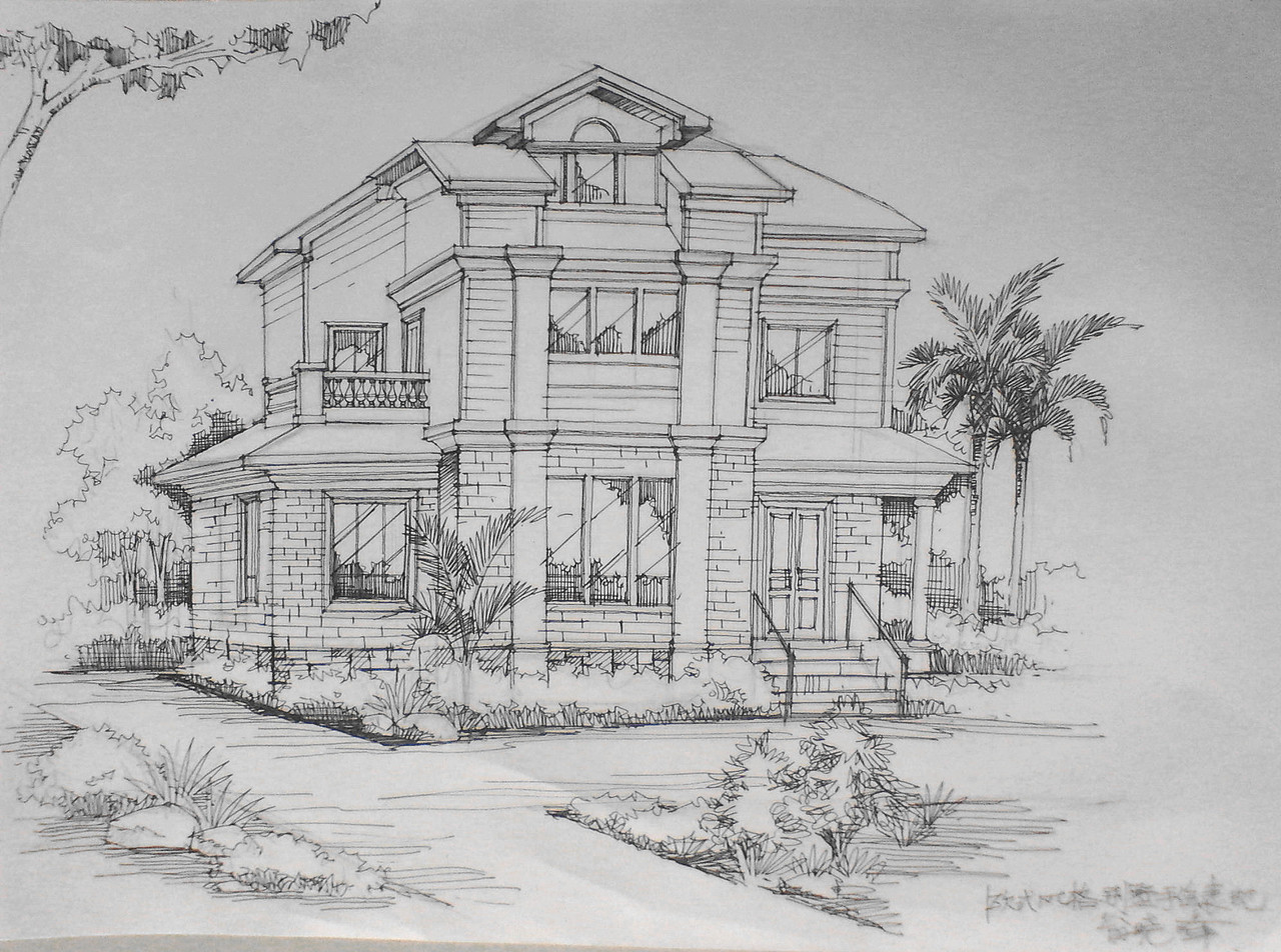 欧式别墅外观手绘效果图