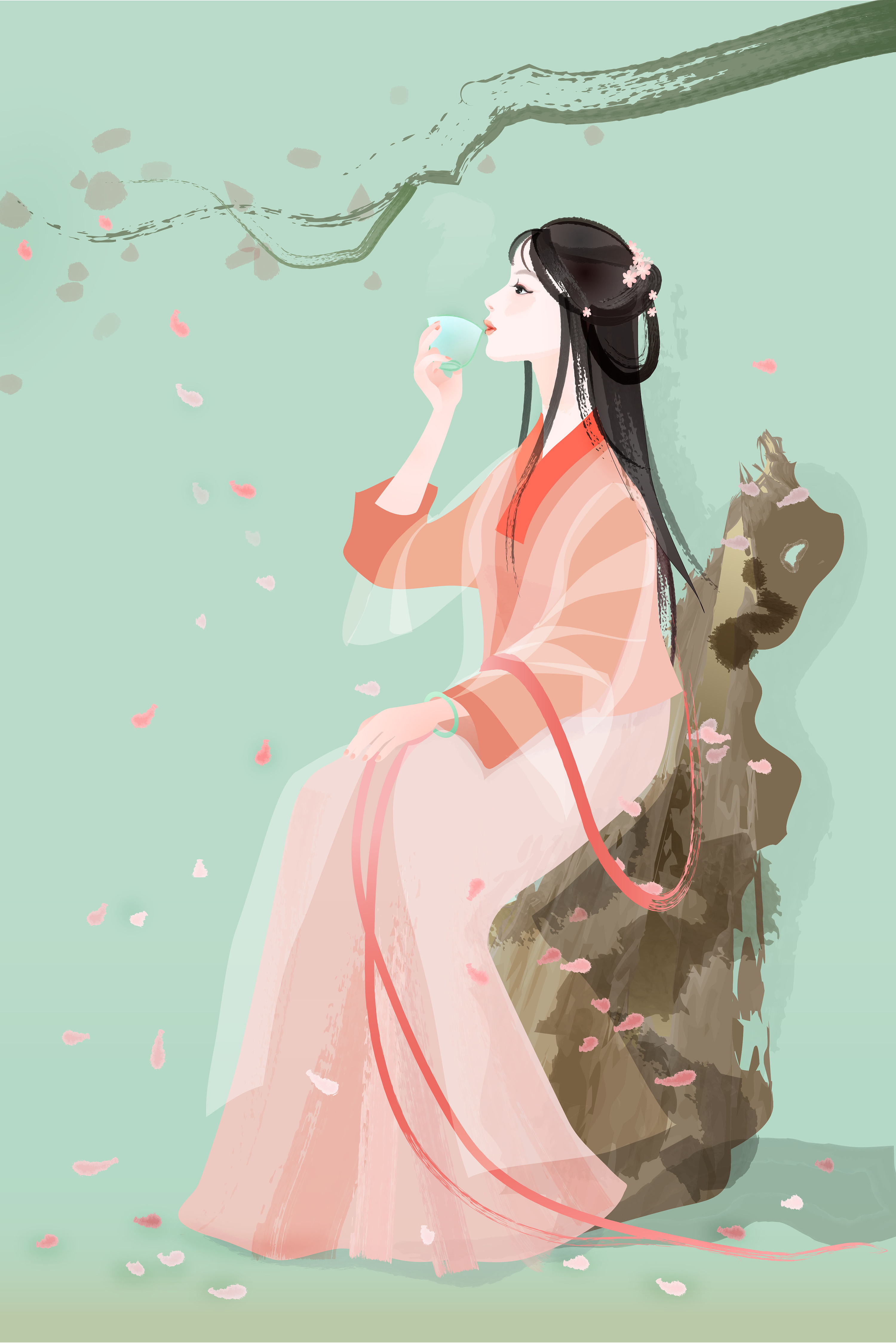 喝茶的少女PNG圖案素材免費下載，可愛卡通圖片，尺寸3000 × 2000px - Lovepik