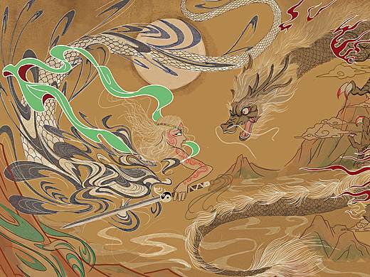 中国民间神话故事“女娲斩黑龙”的插画创作
