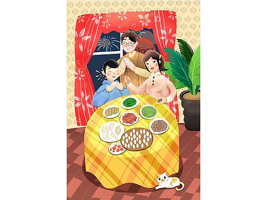 家宴聚餐团圆一家人手绘插画