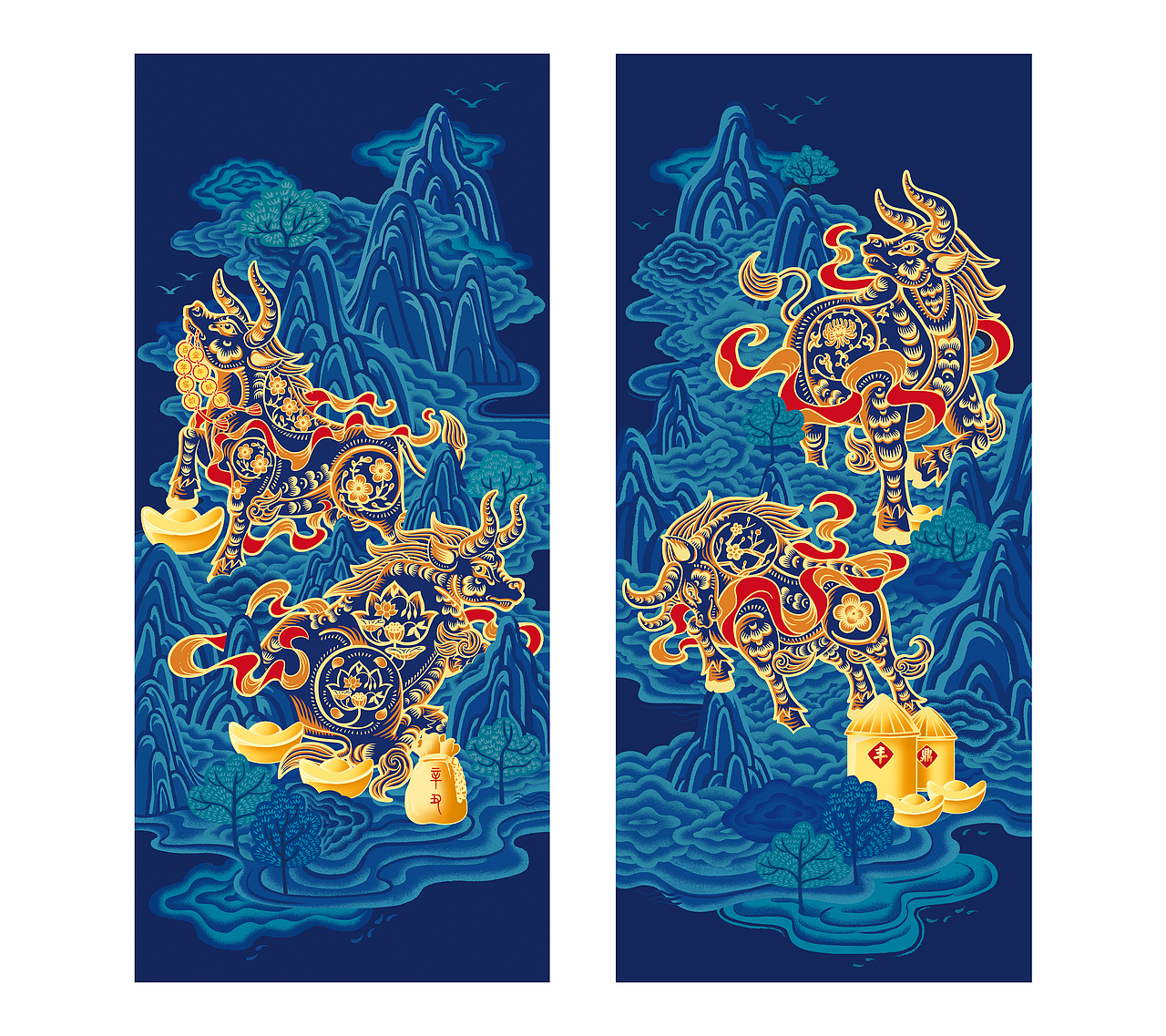 外盒两侧插画 (结合六边形的外盒画了四头牛,在牛身上有模仿传统剪纸的四季植物,分别代表春夏秋冬。在最初版还有组合字做串联,寓意四季发财。最后为了突出牛本身还是取了。)