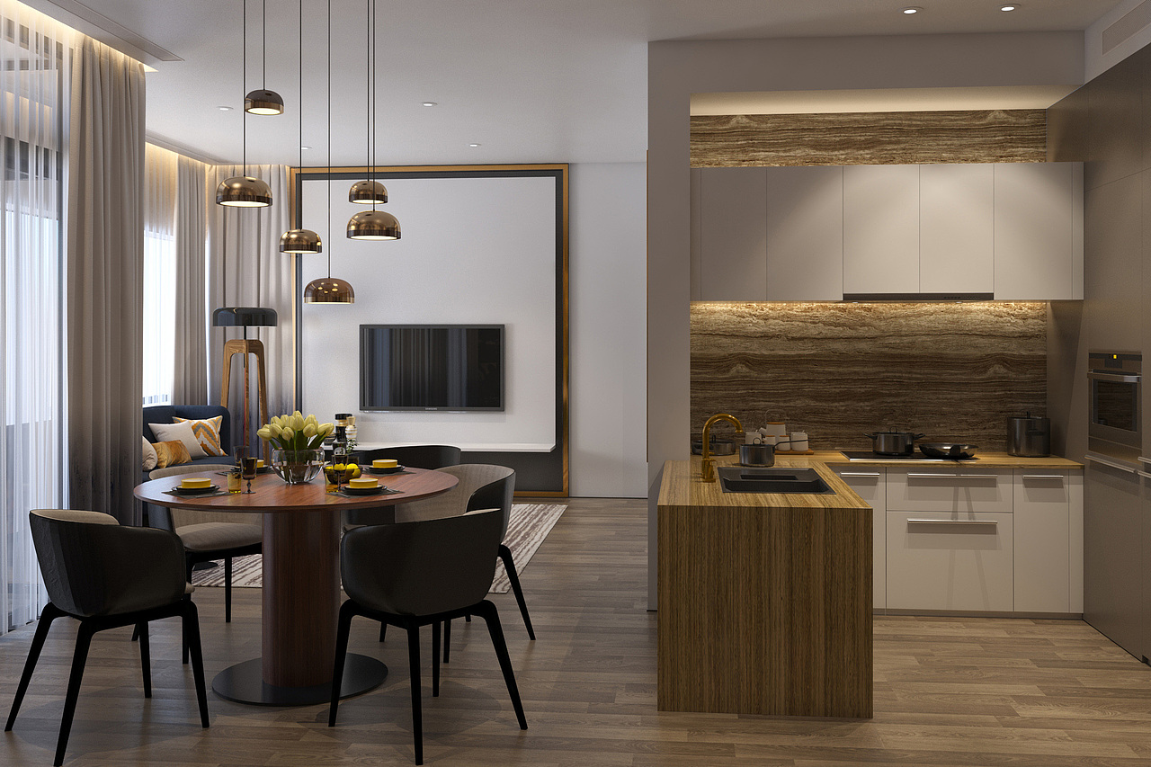 将厨房、餐厅、客厅贯通,一气呵成地展现最实际的生活场景。甚至在窗帘盒内也安装了光源,柔和的橘光随着窗纱倾泻而下,时刻营造出一种温暖华丽的氛围。