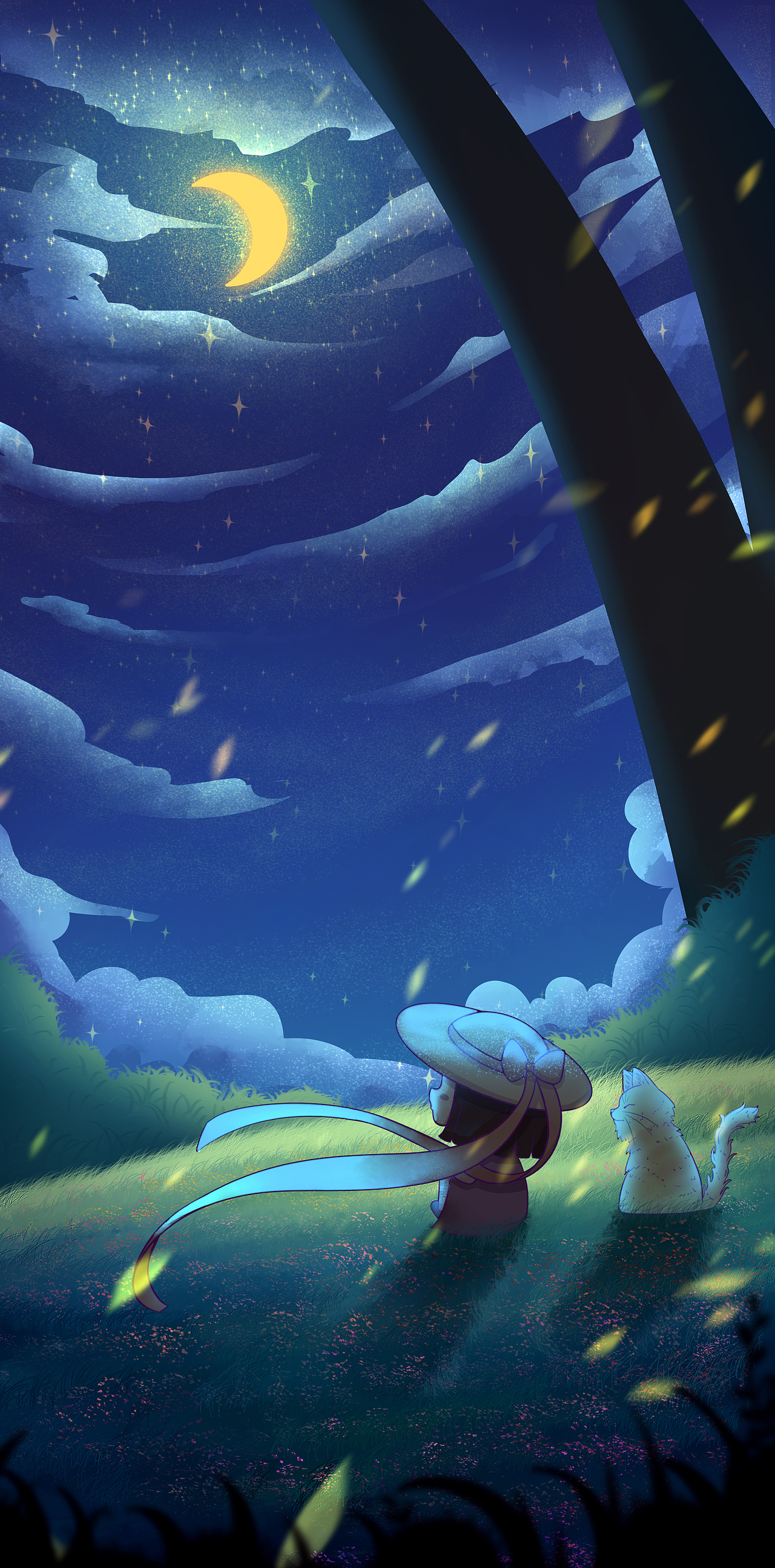 在夏日的夜晚,与小猫咪一起欣赏美丽的月亮和星空