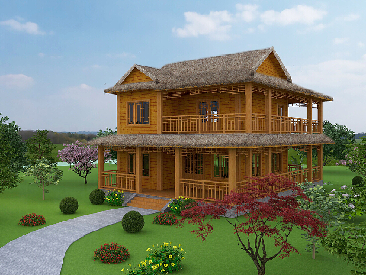 自然风农家乐茅草屋小庭院3D模型下载_ID10054491_3dmax免费模型-欧模网