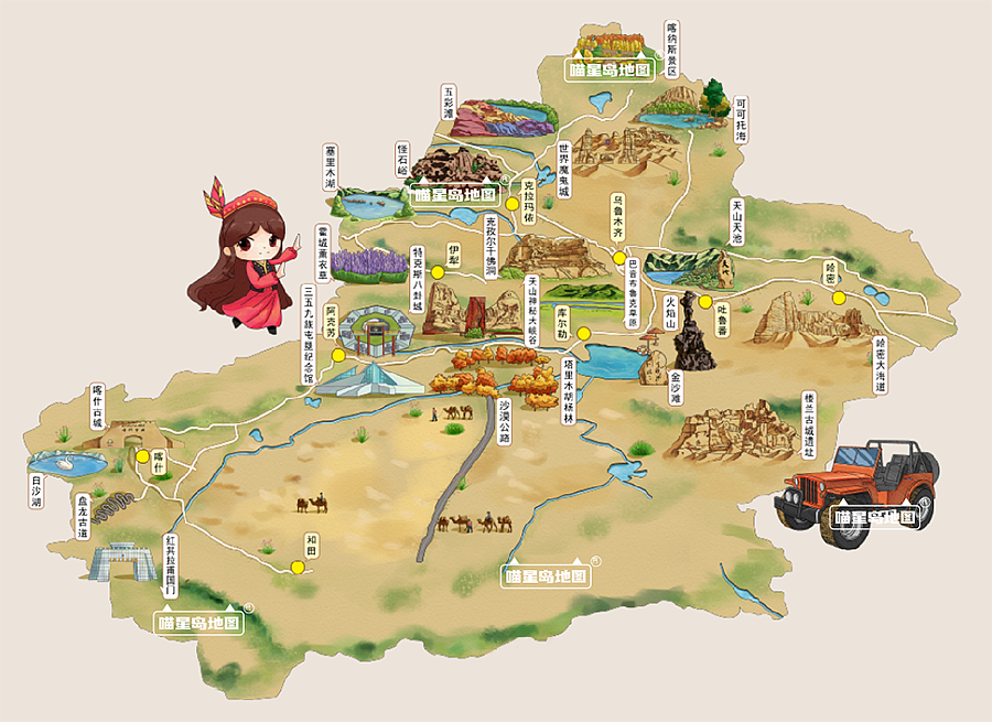 新疆自驾游手绘地图出品-喵星岛文创手绘地图（图ZMzU4NTQ3MjE2） - 商业插画 - 站酷设计师喵星岛文创原创素材 - 站酷ZCOOL