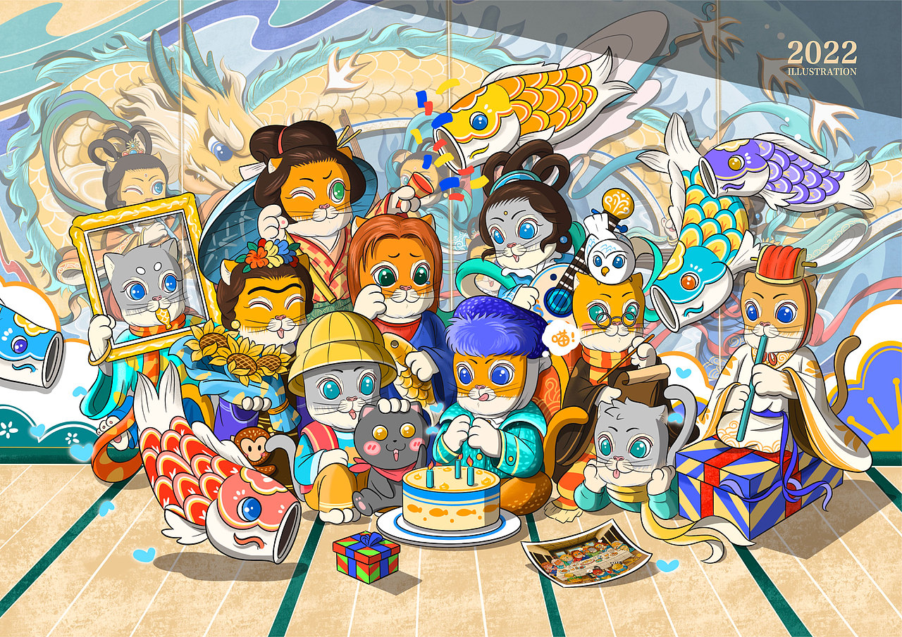 《众星云集生日会》是一场猫咪的生日会，让画面与拼图相结合，展现猫咪的小趣味。