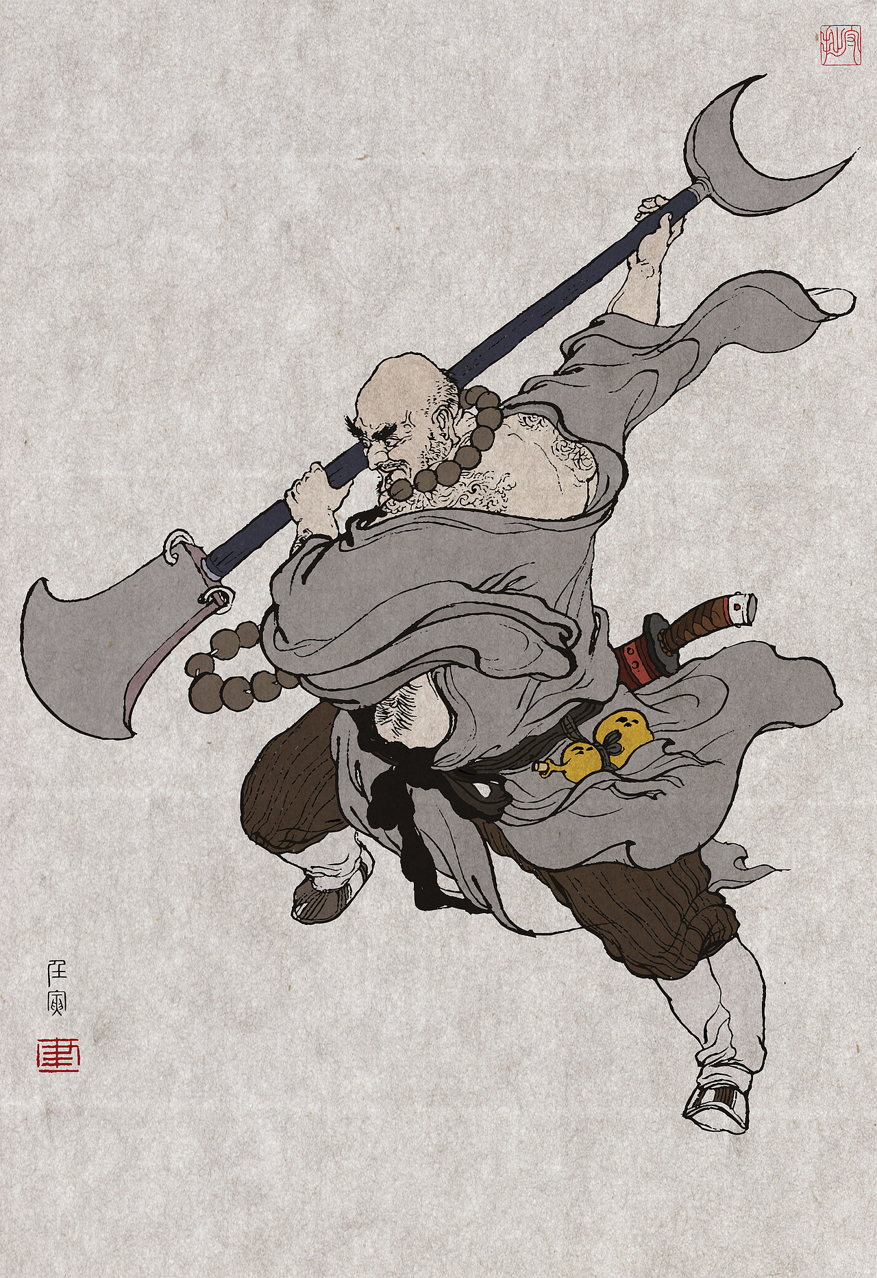 花和尚·鲁智深,本名鲁达,原为渭州经略府提辖官,因打抱不平,三拳打死