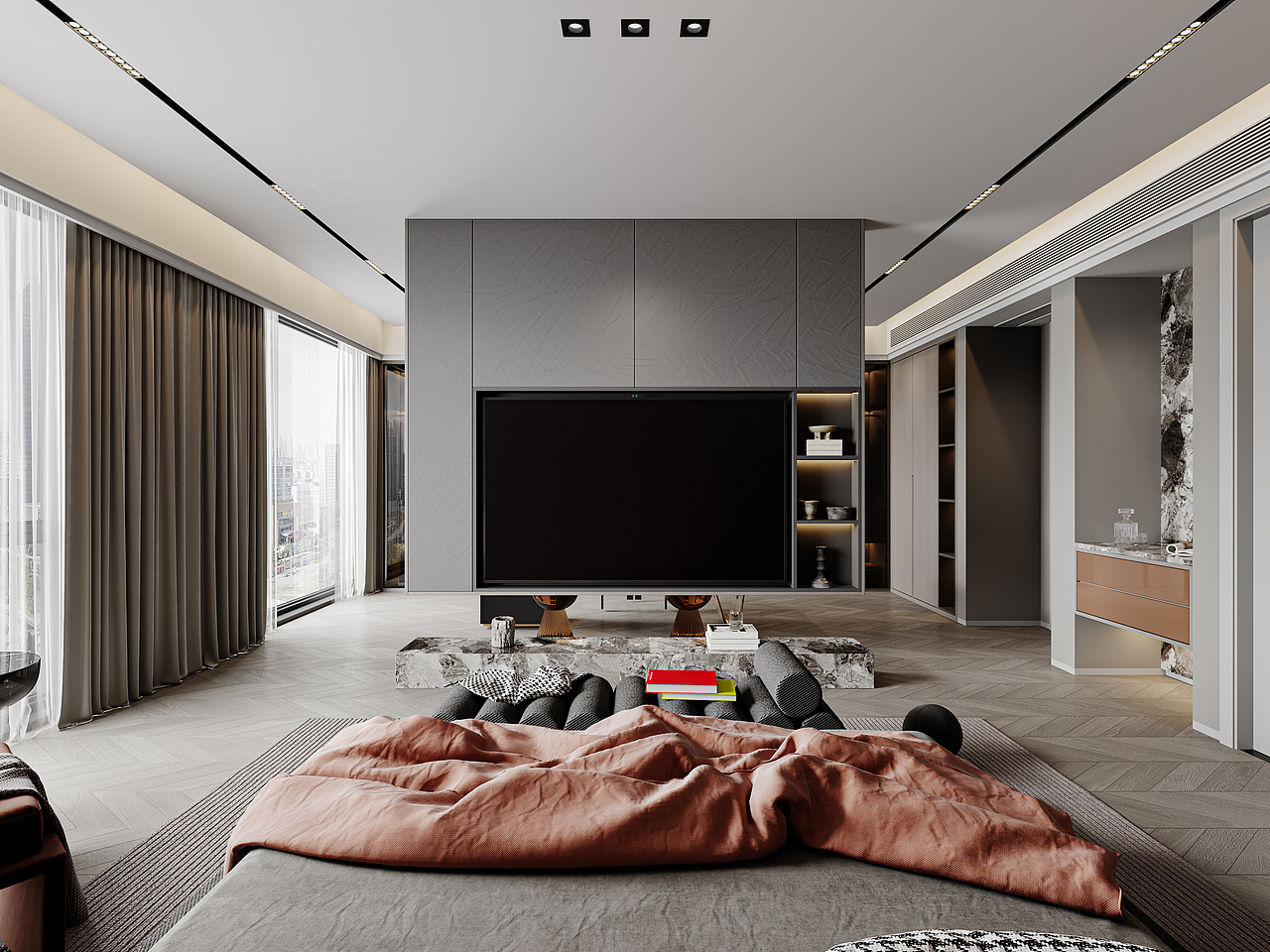 灰白调客餐厅别墅地下室卧室卫生间