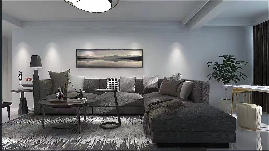 客厅以深灰色和白色为主色调,极具个性的地毯,不仅增加了客厅的层次,还带来舒适的触感。