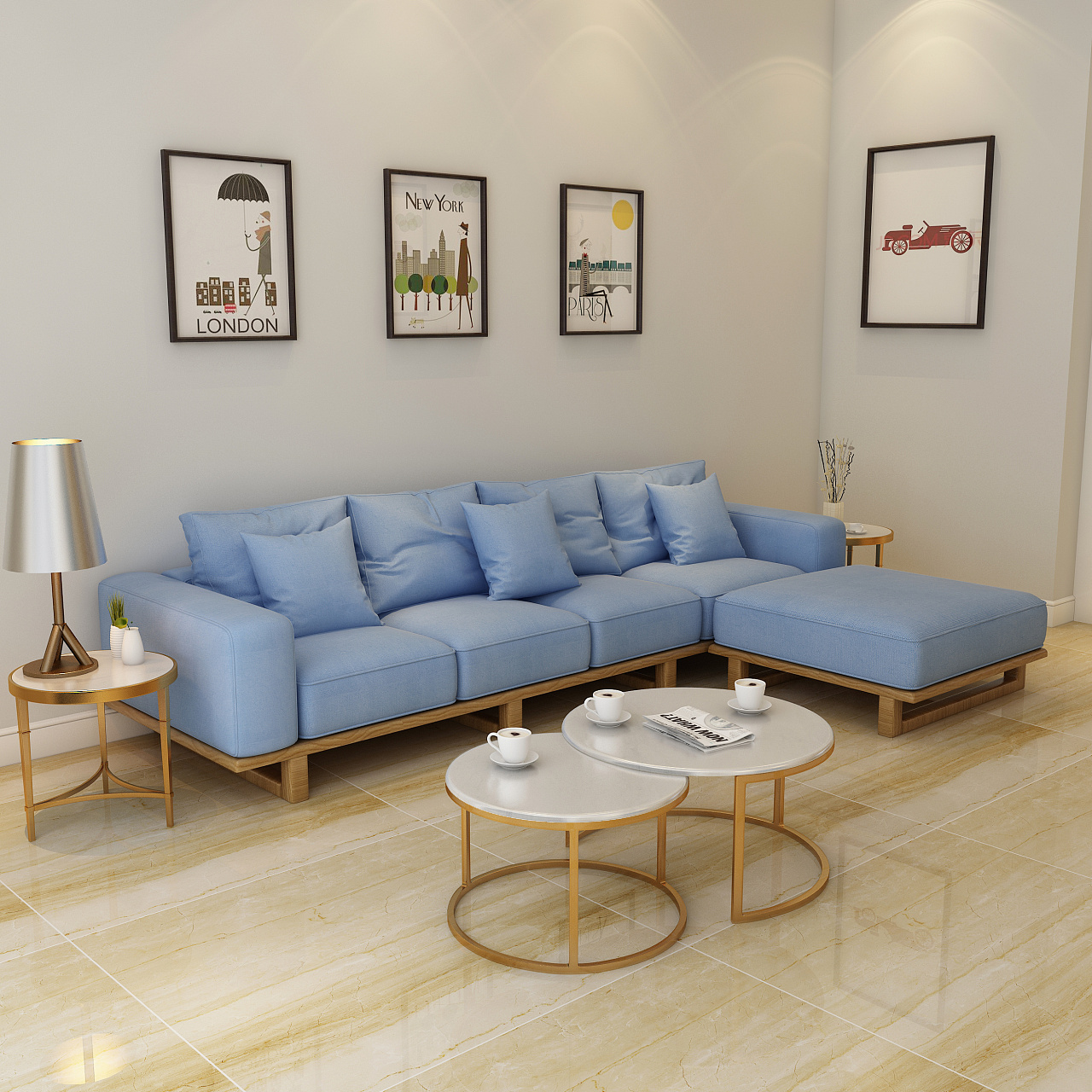 观韵 新中式客厅头层牛皮三人沙发_设计素材库免费下载-美间设计