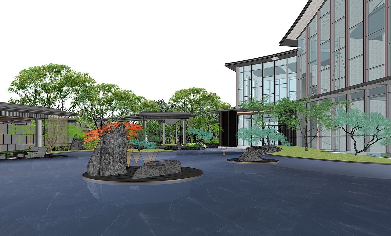 中式售楼部景观SU模型下载（图ZMjY2NDI4ODg0） - 景观设计 - 站酷设计师素模网原创素材 - 站酷ZCOOL