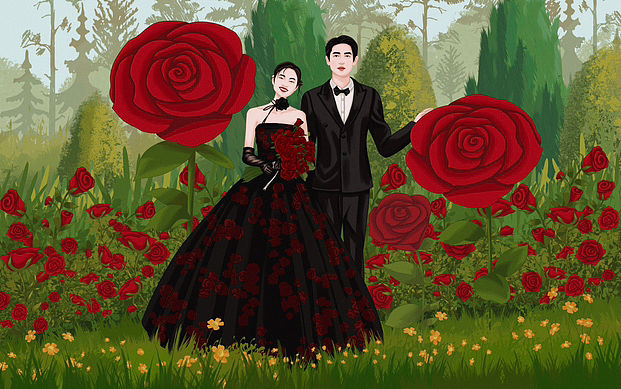 复杂花朵婚纱手绘