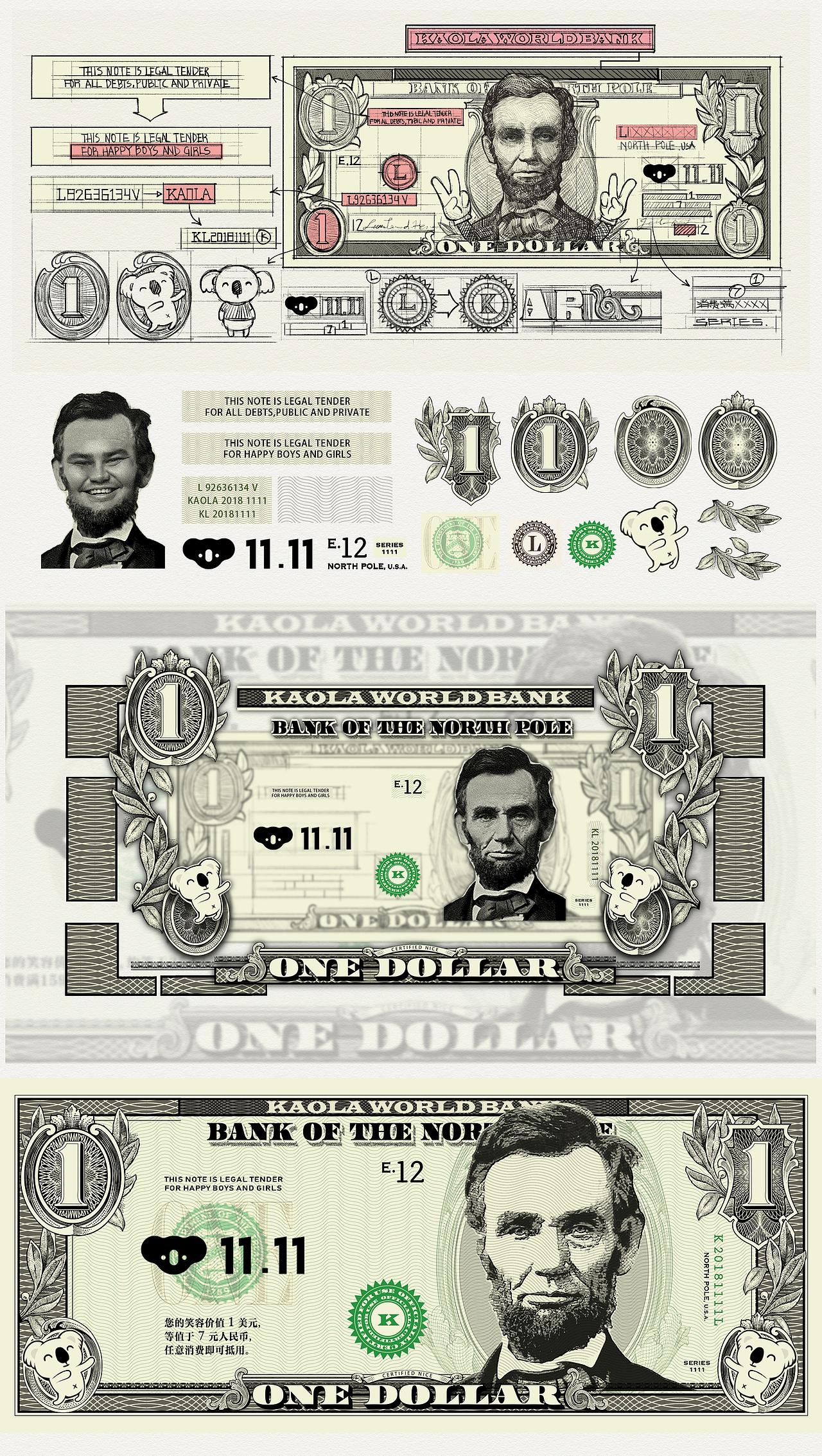 纸币上的所有图案，都是插画小哥哥通过像素级放大，一笔一画绘制出来的。中途多次被Photoshop软件正义警告不能绘制纸币，但小哥哥并不气馁，在和软件斗智斗勇的过程中，小哥哥一次次调整了货币布局，并植入kaola元素，最终，我们抗战成功了！（此次应有掌声！！！）