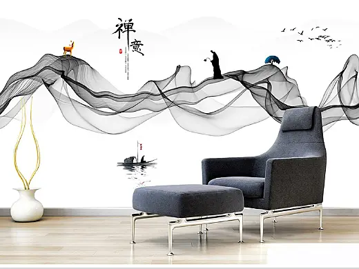 新中式意境山水画禅意抽象背景装饰画沙发背景墙