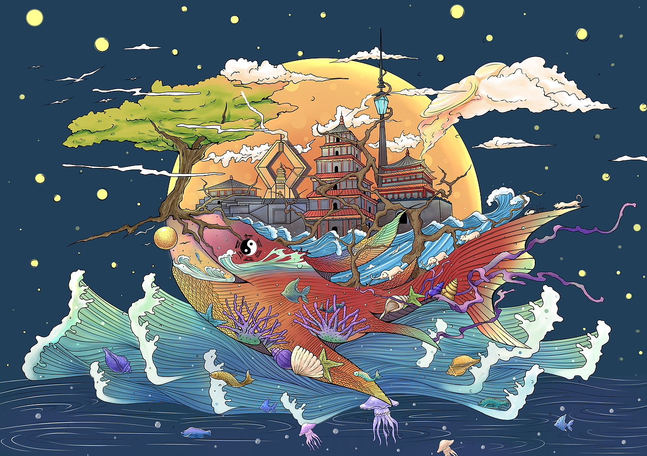 鲲 生万物（图ZODUyNDI1NDQ=） - 商业插画 - 站酷设计师不关山插画工作室原创素材 - 站酷ZCOOL