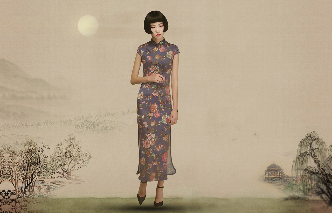 仿孙郡工笔画ps效果古典中国风水墨山水画连衣裙旗袍海报图/尤家衣店