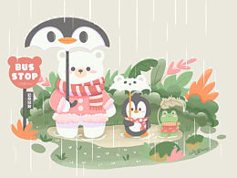 原創(chuàng)插畫 ｜ 動物小場景 ｜ 下雨等車中。。。
