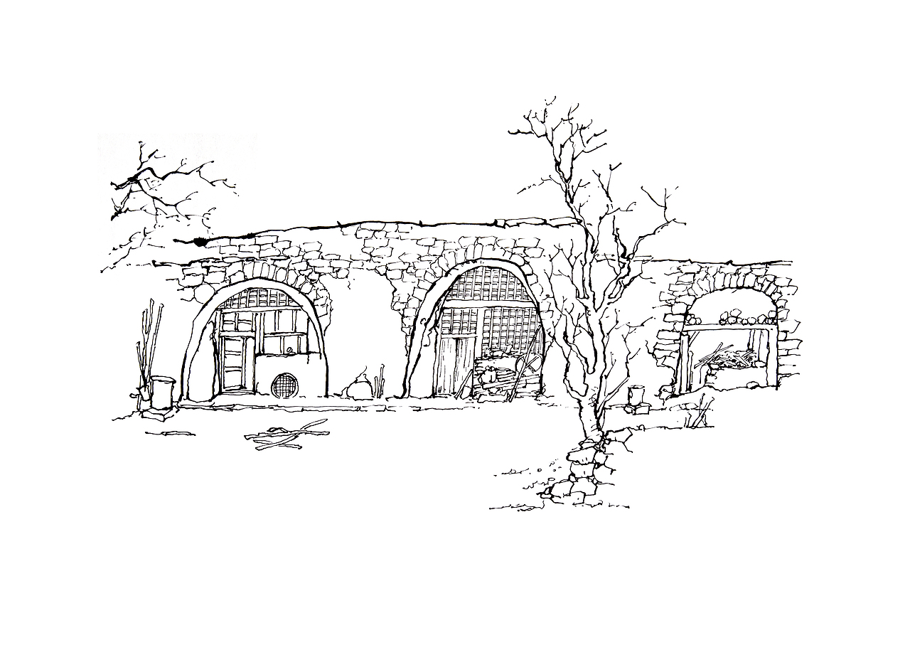 黄土高原风景——窑洞速写_延杨红钢笔画-站酷zcool